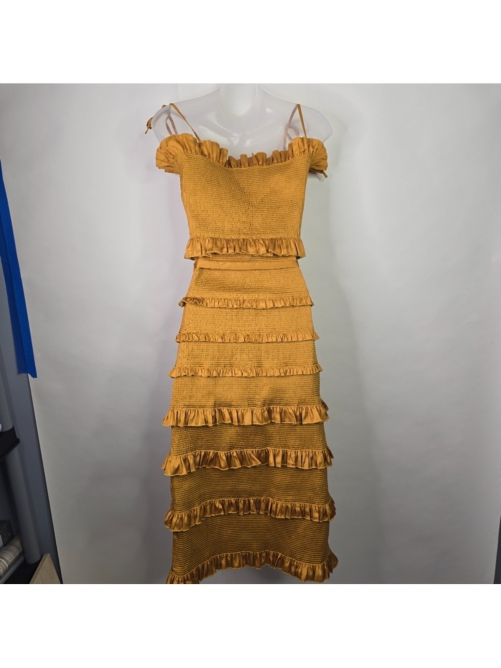 V. Chapman Lily Ruched & Ruffled Stretch Satin Midi Dress Mustard - Picture 2 of 9